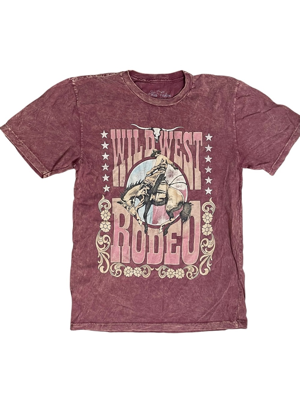 Lotus Fashion Wild West Rodeo Graphic Tee Acid Wash Burgundy Size S